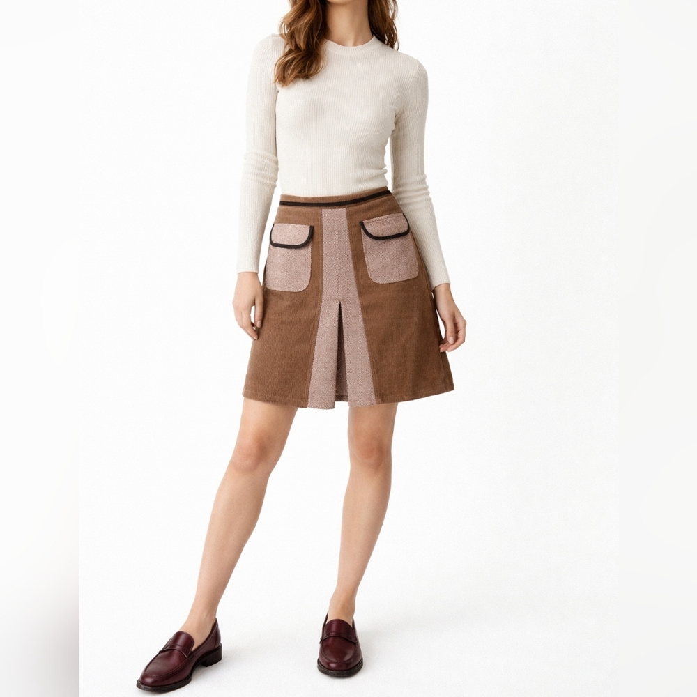 LOFT Tweed Patchwork Corduroy Skirt | 0 | Brown Pink | Retro Preppy A-Line